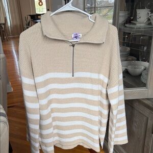 GAP Beige and White Striped Knit Sweater